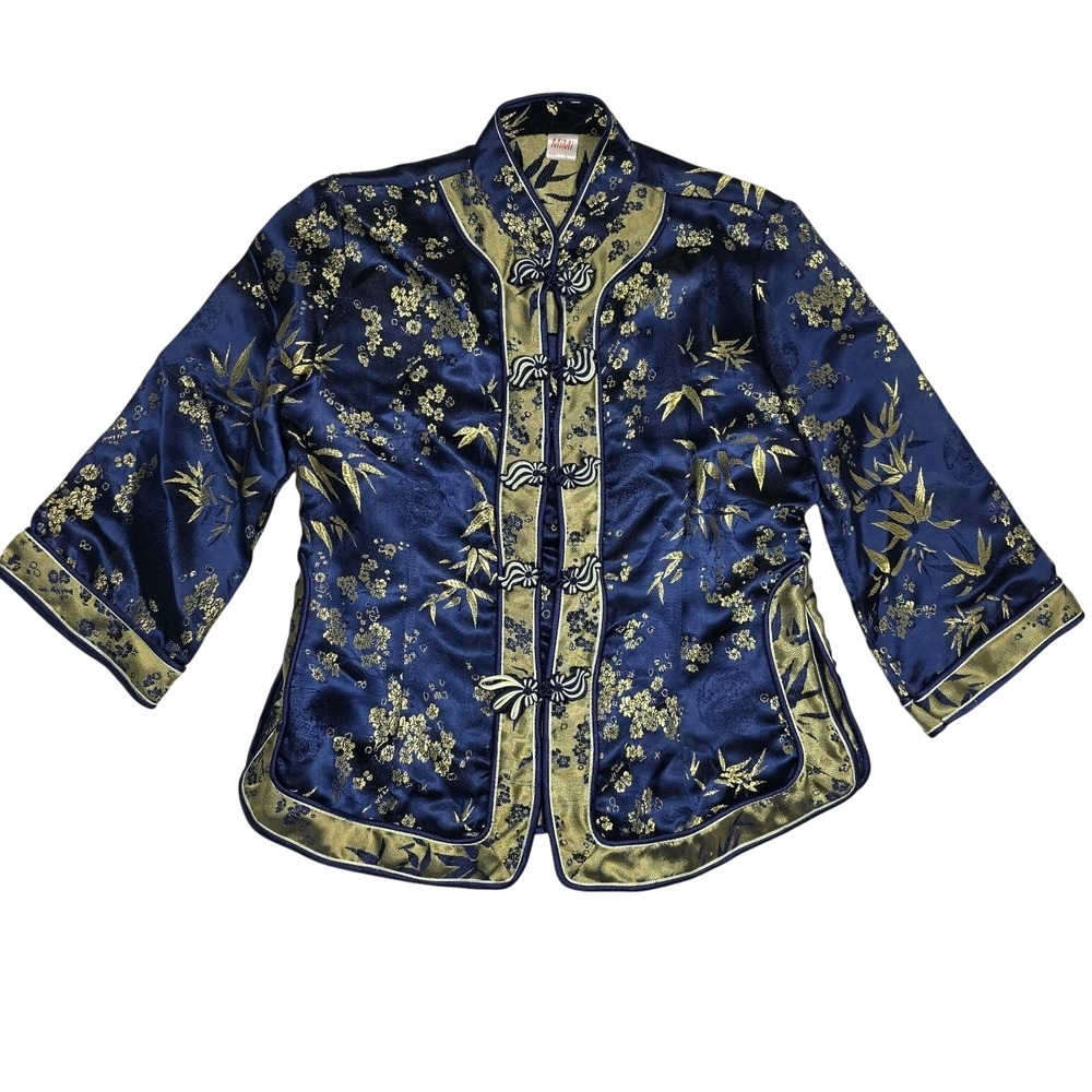 Vintage‎ MiMi Blue and Gold Floral Satin Jacket Large